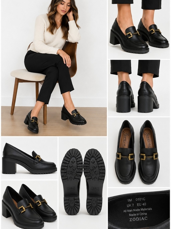 Zodiac Shoes - Zodiac Black Faux-Leather Lug Sole Loafers with Gold Buckle